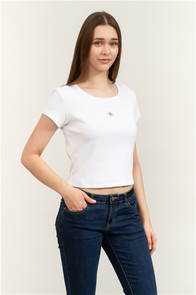 Calvin Klein A- Woven Label 2X2 Rib Baby Tee Kadın Bisiklet Yaka T-Shirt