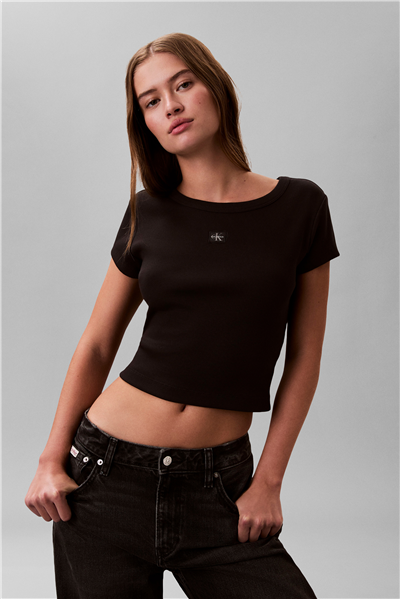 Calvin Klein A- Woven Label 2X2 Rib Baby Tee Kadın Bisiklet Yaka T-Shirt