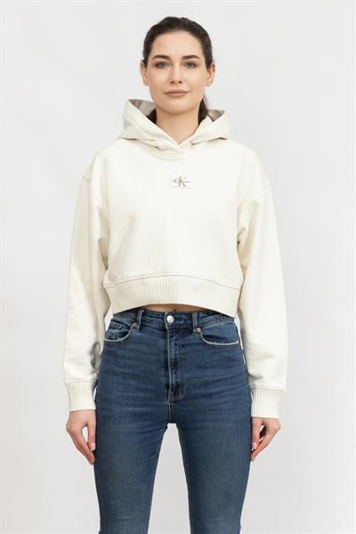 Calvin Klein Badge Wide Sleeves Crop Hoodie Kadın Kapüşonlu Sweatshirt