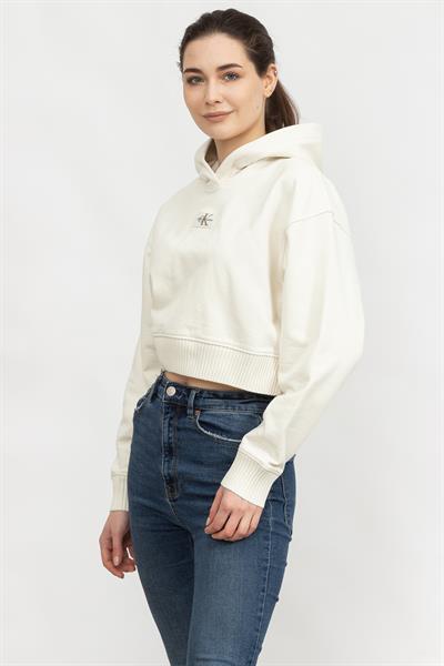 Calvin Klein Badge Wide Sleeves Crop Hoodie Kadın Kapüşonlu Sweatshirt