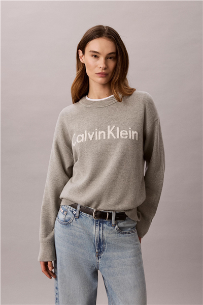 Calvin Klein Contrast Logo Ls Sweater Kadın Triko Gri