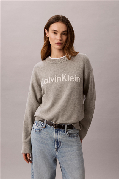 Calvin Klein Contrast Logo Ls Sweater Kadın Triko Gri