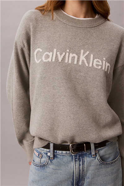 Calvin Klein Contrast Logo Ls Sweater Kadın Triko Gri