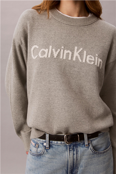 Calvin Klein Contrast Logo Ls Sweater Kadın Triko Gri