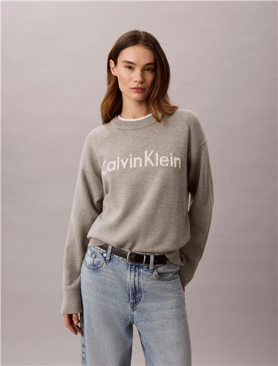 Calvin Klein Contrast Logo Ls Sweater Kadın Triko Gri