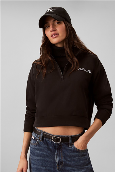 Calvin Klein Heavy Jersey 1/4 Zip Top- Graphi Kadın Pijama Üstü Siyah