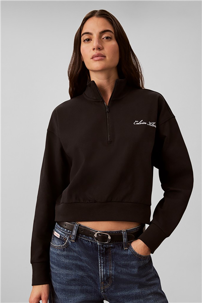 Calvin Klein Heavy Jersey 1/4 Zip Top- Graphi Kadın Pijama Üstü Siyah