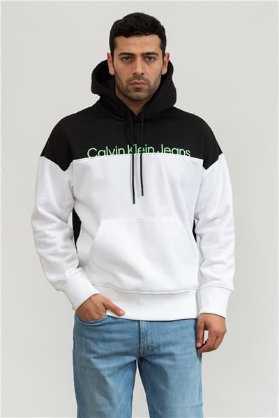 Calvin Klein Institutional Colorblock Erkek Kapüşonlu Sweatshirt Beyaz