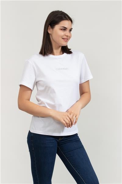 Calvin Klein Kadın Bisiklet Yaka T-Shirt Beyaz