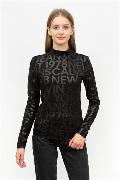 Calvin Klein Logo Aop Long Sleeve Top Kadın Uzun Kollu T-Shirt Siyah