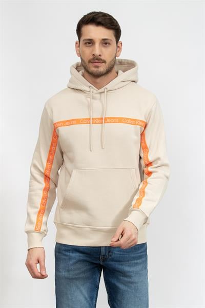 Calvin Klein Logo Tape Hoodie Erkek Kapüşonlu Sweatshirt Bej
