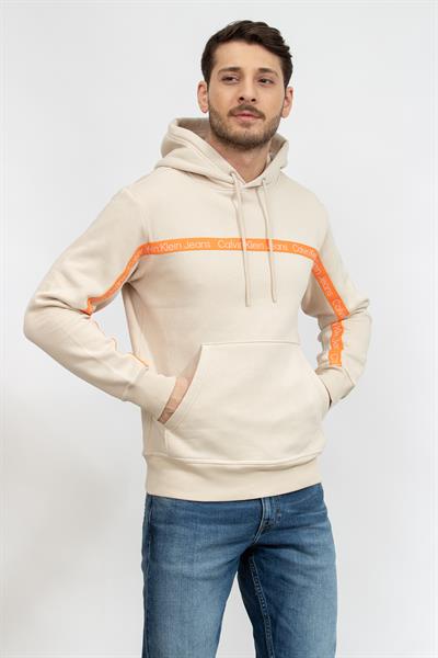 Calvin Klein Logo Tape Hoodie Erkek Kapüşonlu Sweatshirt Bej