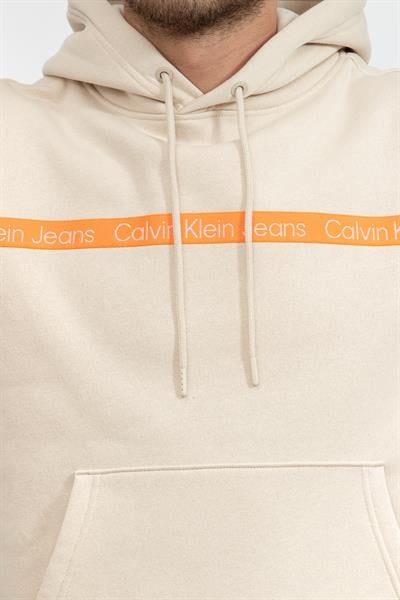 Calvin Klein Logo Tape Hoodie Erkek Kapüşonlu Sweatshirt Bej