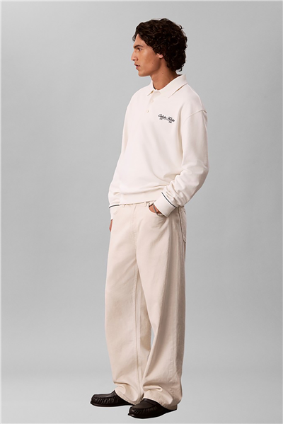 Calvin Klein Ls 350Gsm Terry Piped Polo Sweat Erkek Polo Yaka Sweatshirt Beyaz