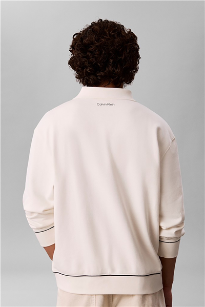 Calvin Klein Ls 350Gsm Terry Piped Polo Sweat Erkek Polo Yaka Sweatshirt Beyaz