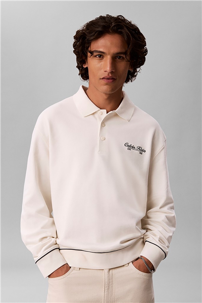 Calvin Klein Ls 350Gsm Terry Piped Polo Sweat Erkek Polo Yaka Sweatshirt Beyaz