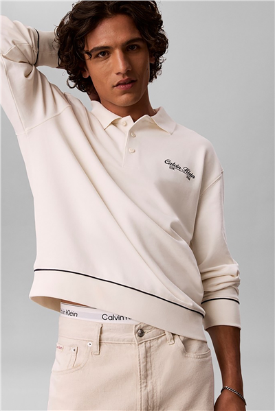 Calvin Klein Ls 350Gsm Terry Piped Polo Sweat Erkek Polo Yaka Sweatshirt Beyaz