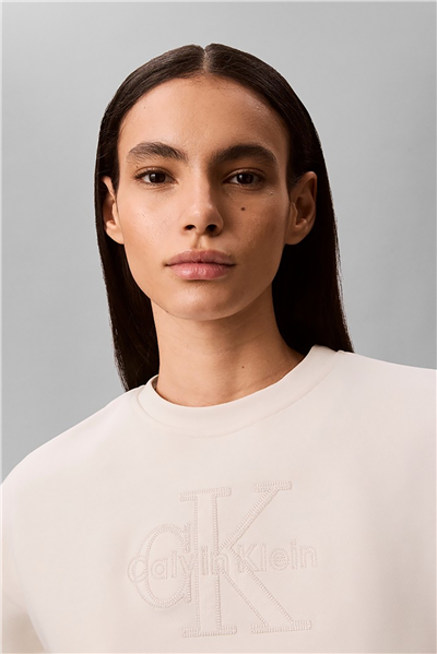 Calvin Klein Ls Baby Terry Seasonal Monologo Kadın Bisiklet Yaka Sweatshirt Beyaz