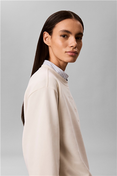Calvin Klein Ls Baby Terry Seasonal Monologo Kadın Bisiklet Yaka Sweatshirt Beyaz