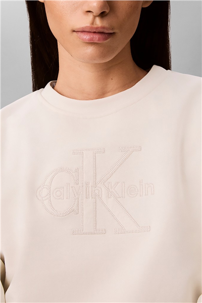 Calvin Klein Ls Baby Terry Seasonal Monologo Kadın Bisiklet Yaka Sweatshirt Beyaz