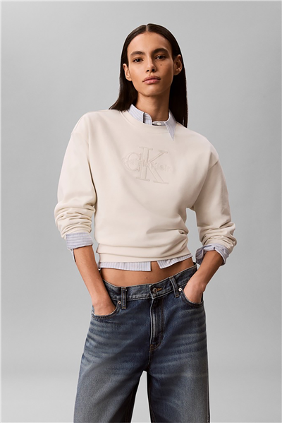 Calvin Klein Ls Baby Terry Seasonal Monologo Kadın Bisiklet Yaka Sweatshirt Beyaz