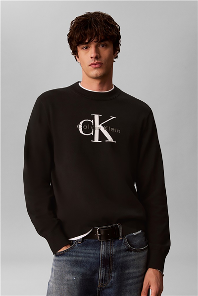 Calvin Klein Ls Clsc Cttn Mnlgo Crnk Str 12Gg Erkek Triko Siyah