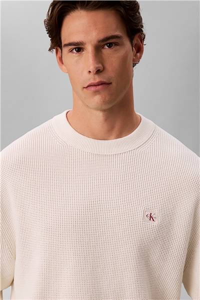 Calvin Klein Ls Clsc Cttn Wfl Crwnk Swtr 9Gg Erkek Triko Beyaz