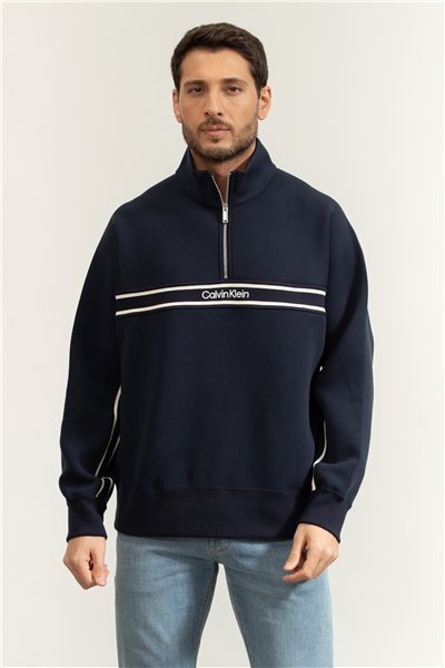 Calvin Klein LS Cotton SPacer Stripe Rib Qtr Erkek Fermuarlı Sweatshirt