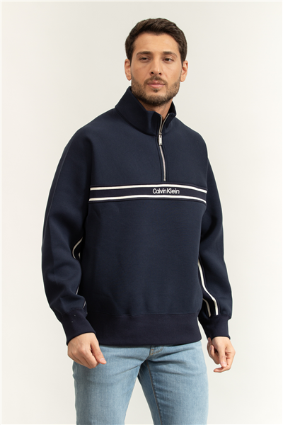 Calvin Klein LS Cotton SPacer Stripe Rib Qtr Erkek Fermuarlı Sweatshirt