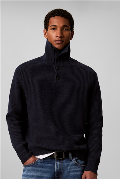 Calvin Klein Ls Ctn Wool Pnl Stitch Pullover Erkek Triko Lacivert