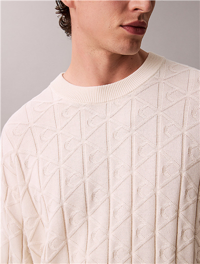 Calvin Klein LS Easy Aop Cotton Crewnk Sweate Erkek Triko Beyaz