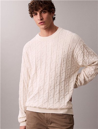 Calvin Klein LS Easy Aop Cotton Crewnk Sweate Erkek Triko Beyaz