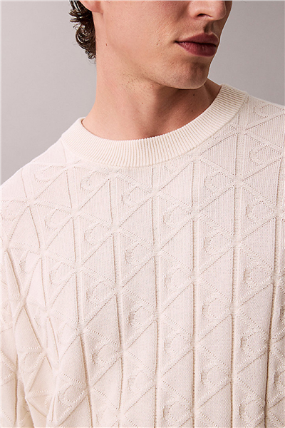 Calvin Klein LS Easy Aop Cotton Crewnk Sweate Erkek Triko Beyaz