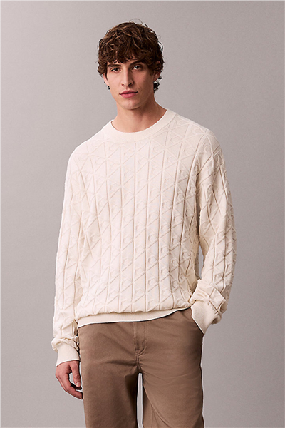 Calvin Klein LS Easy Aop Cotton Crewnk Sweate Erkek Triko Beyaz