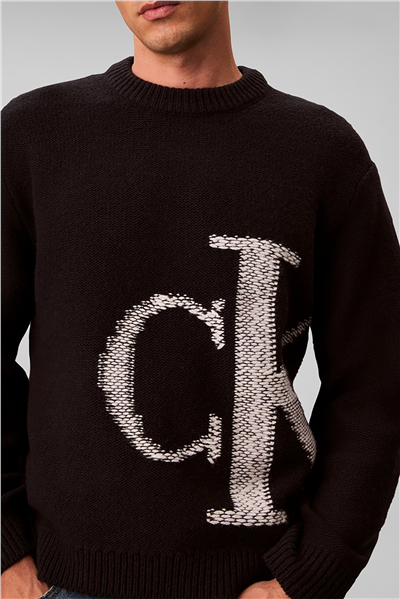 Calvin Klein Ls Lambswool Blend Monogram Crew Erkek Triko Siyah