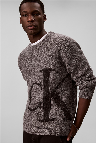 Calvin Klein Ls Lambswool Blend Monogram Crew Erkek Triko Gri