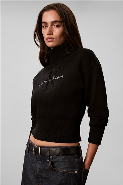 Calvin Klein Ls Logo Tneck Pullover Kadın Triko Siyah