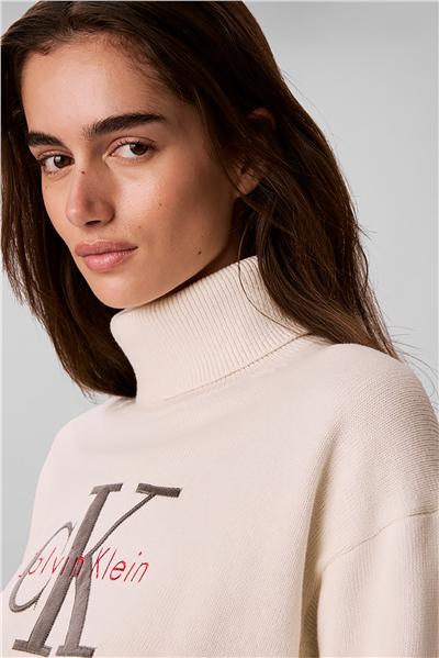 Calvin Klein Ls Logo Tneck Pullover Kadın Triko Beyaz