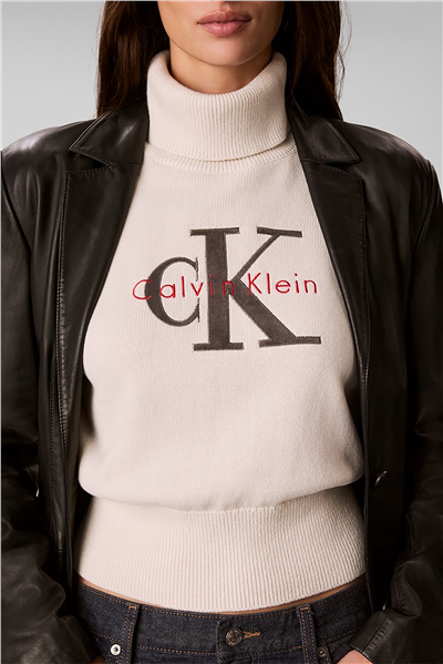 Calvin Klein Ls Logo Tneck Pullover Kadın Triko Beyaz