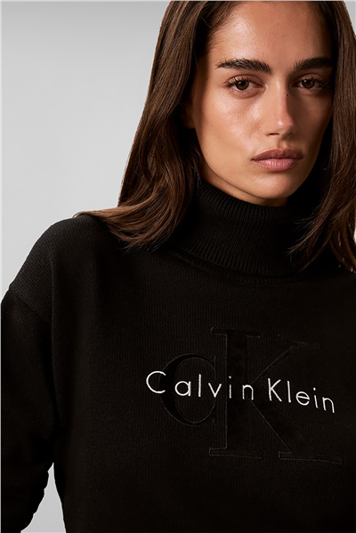 Calvin Klein Ls Logo Tneck Pullover Kadın Triko Siyah