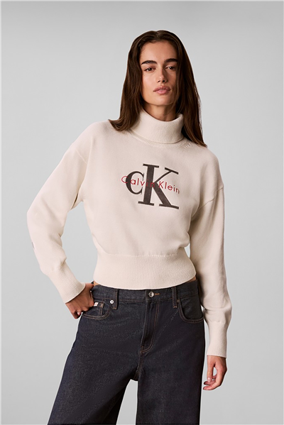 Calvin Klein Ls Logo Tneck Pullover Kadın Triko Beyaz