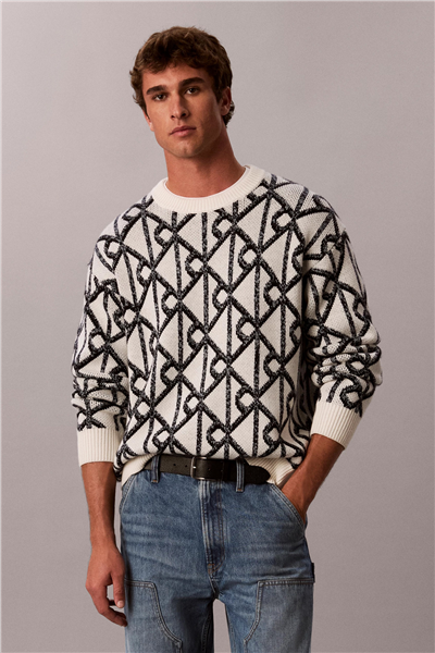 Calvin Klein Ls Merino Blend Emblem Crew 5Gg Erkek Triko Beyaz
