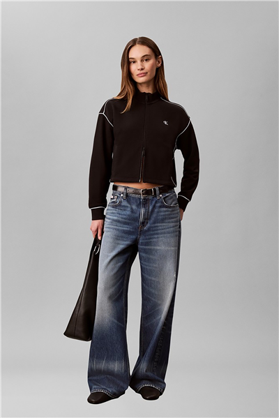 Calvin Klein Ls Monogram Terry Contrast Pipin Kadın Bisiklet Yaka Sweatshirt Siyah
