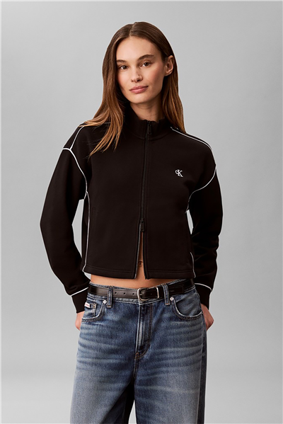 Calvin Klein Ls Monogram Terry Contrast Pipin Kadın Bisiklet Yaka Sweatshirt Siyah
