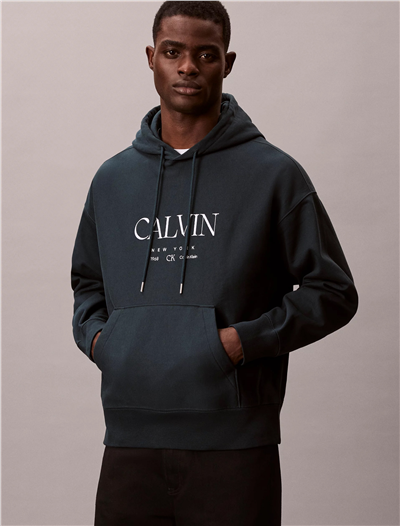 Calvin Klein LS Premium Fleece Calvin Graphic Erkek Kapüşonlu Sweatshirt Mavi