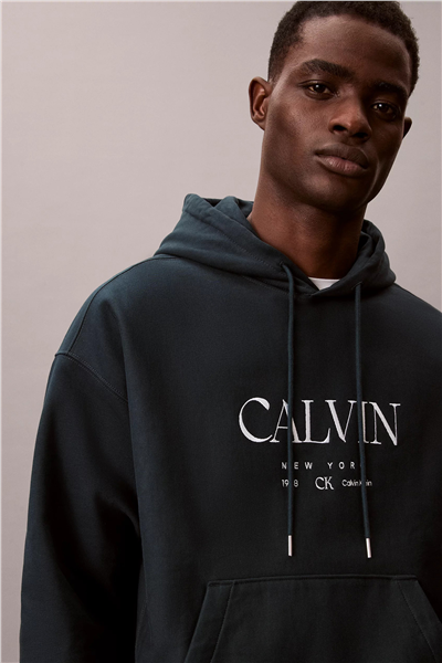 Calvin Klein LS Premium Fleece Calvin Graphic Erkek Kapüşonlu Sweatshirt Mavi