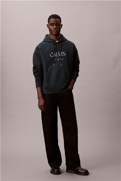 Calvin Klein LS Premium Fleece Calvin Graphic Erkek Kapüşonlu Sweatshirt Mavi