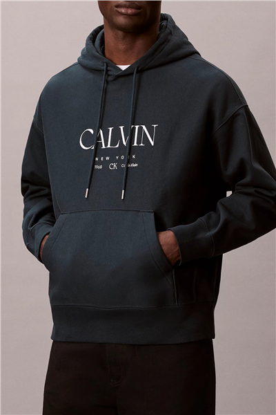 Calvin Klein LS Premium Fleece Calvin Graphic Erkek Kapüşonlu Sweatshirt Mavi