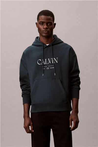 Calvin Klein LS Premium Fleece Calvin Graphic Erkek Kapüşonlu Sweatshirt Mavi