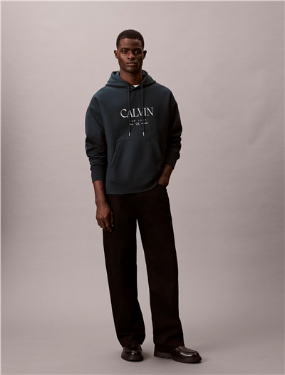 Calvin Klein LS Premium Fleece Calvin Graphic Erkek Kapüşonlu Sweatshirt Mavi